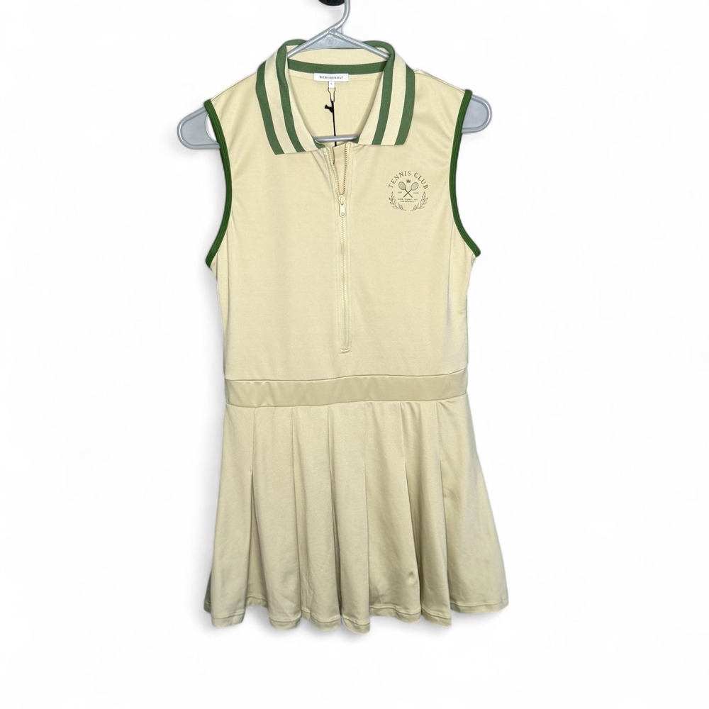 WeWoreWhat Tennis Pickleball Pleated Mini Dress Collar Zip‎ Green Trim Size L